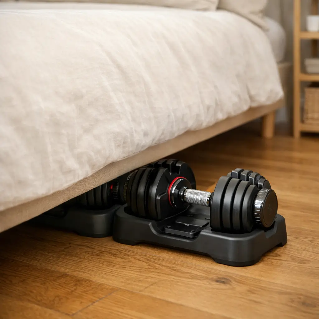 Mancuernas ajustables de selector rápido con base compacta guardadas bajo la cama en un dormitorio pequeño.