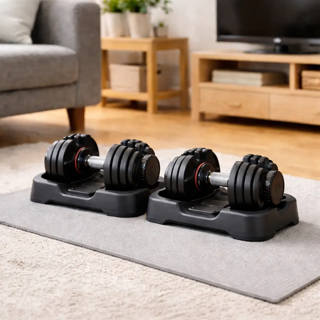 Mancuernas ajustables de selector rápido en su base sobre esterilla, listas para entrenar en casa en un salón.